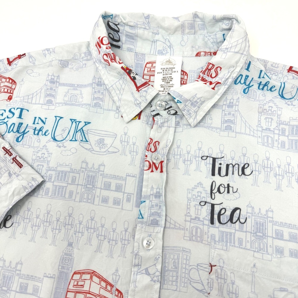 Disney Parks Mens 3XL London UK Mickey Mouse Viscose Button Down‎ Shirt Blue
